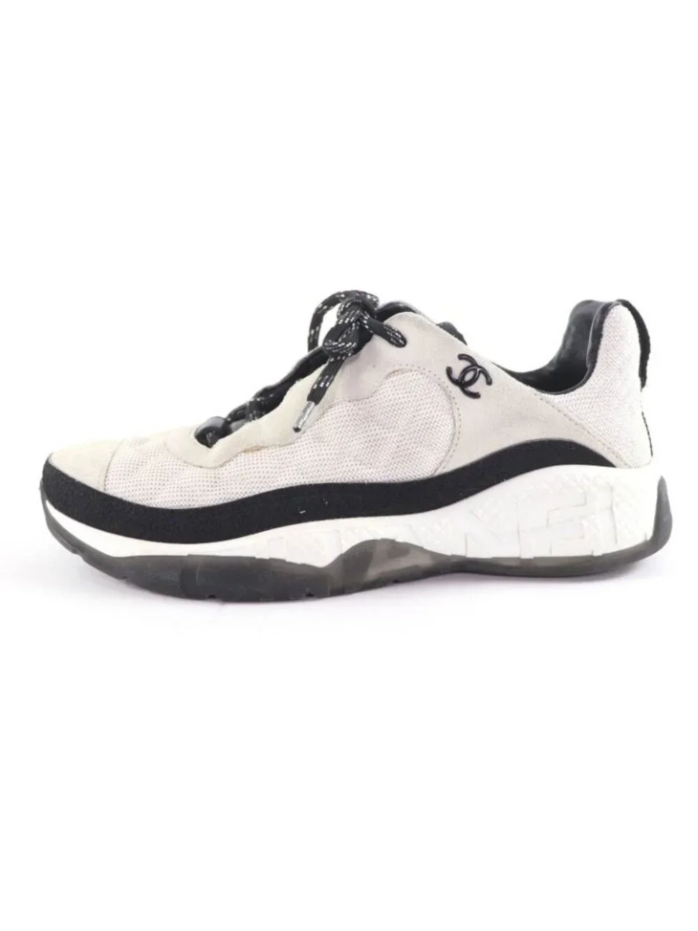 Chanel CC Logo Leather Lace Up Mesh Sneakers Off White 41 - Picture 4 of 13